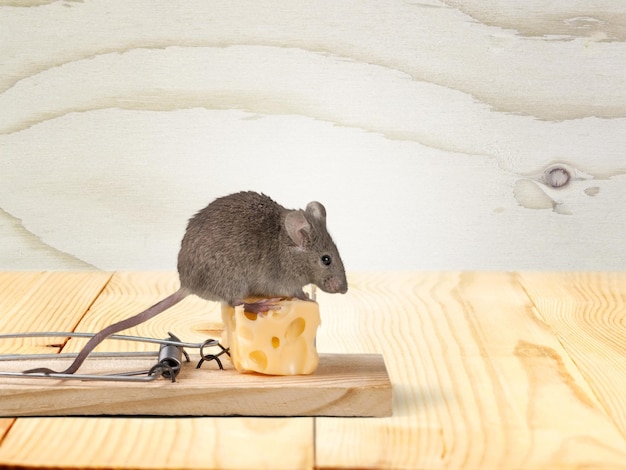 Mouse trap with cheese and mouse on background