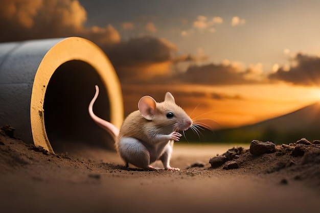 A mouse in a tunnel with a sky background