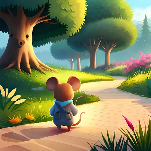 A mouse walking in a garden with a tree in the background.