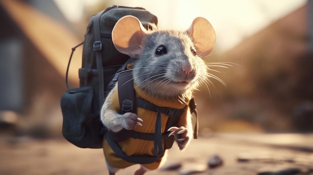 A mouse wearing a backpack walks on a road.