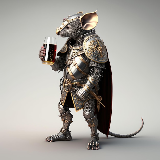 A mouse wearing a cape and a cape holds a glass of beer.