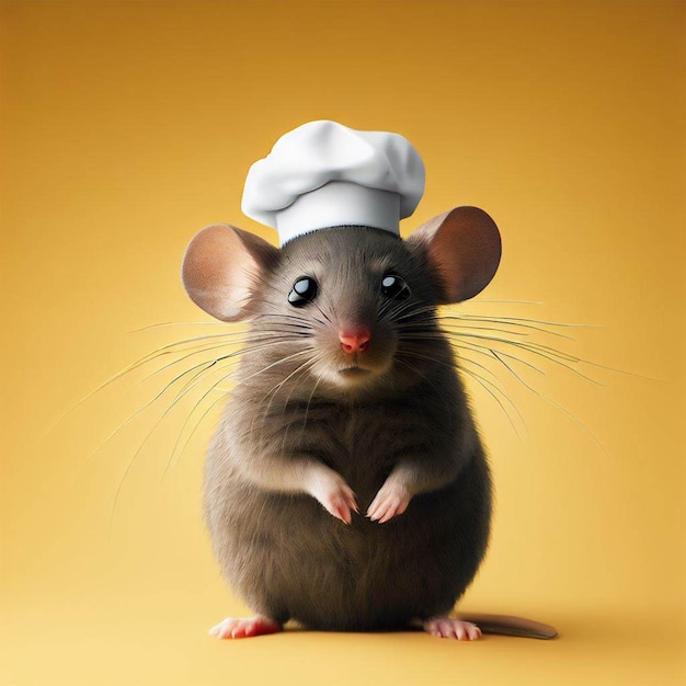 A mouse wearing a chef hat stands on a yellow background