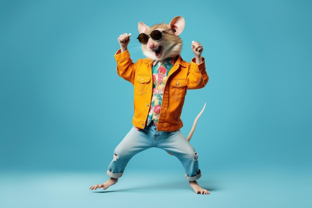 Photo mouse wearing colorful clothes dancing on the blue background