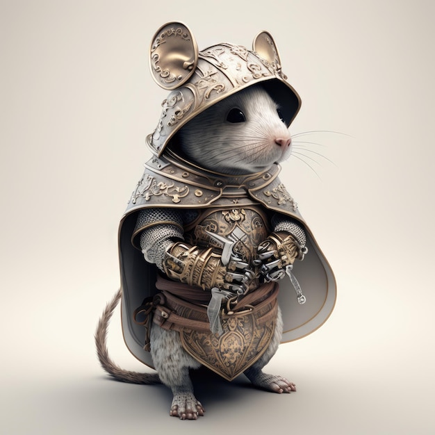 A mouse wearing a costume and a sword is standing in a fancy armor.