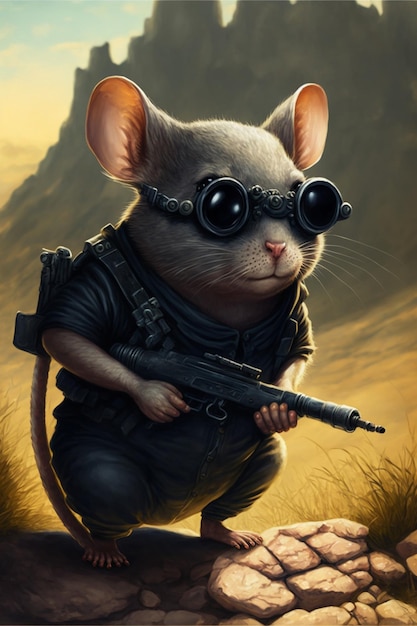 Foto topo che indossa occhiali e tiene in mano una pistola generativa ai