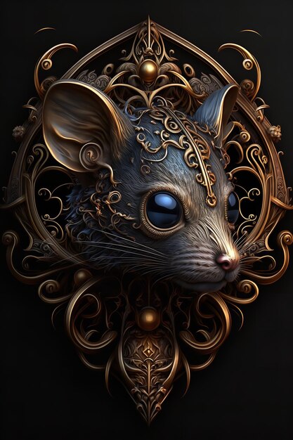 A mouse wearing a gold crown and blue eyes on a black background