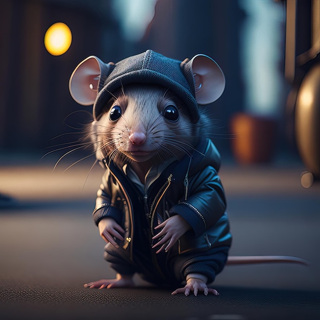 A mouse wearing a jacket and a hat is standing on the ground.