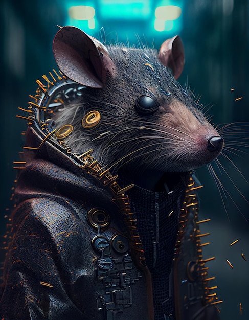 A mouse wearing a jacket with the word rat on it