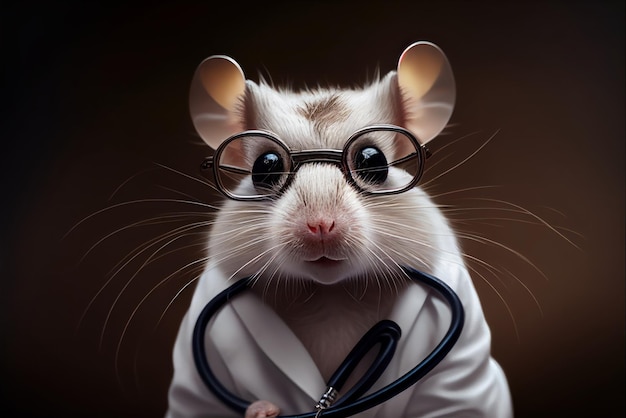 A mouse wearing a lab coat with a stethoscope around his neck.