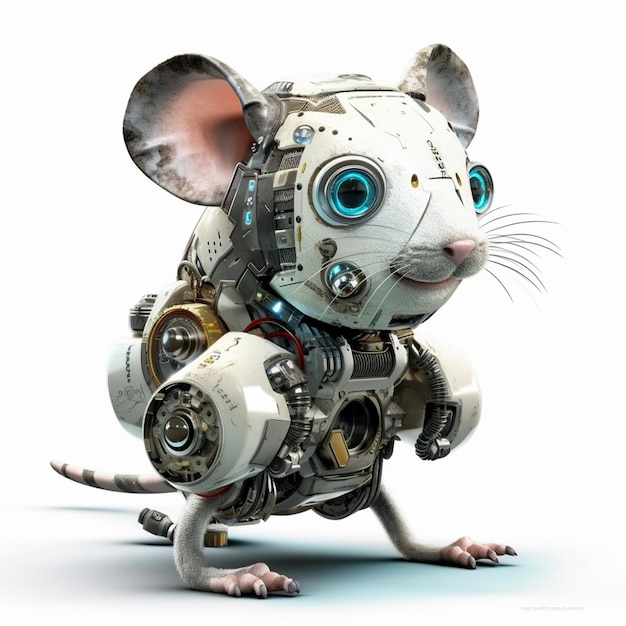 A mouse wearing a robot suit is standing in front of a white background