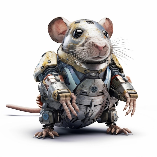 A mouse wearing a robot suit is standing on a white background.