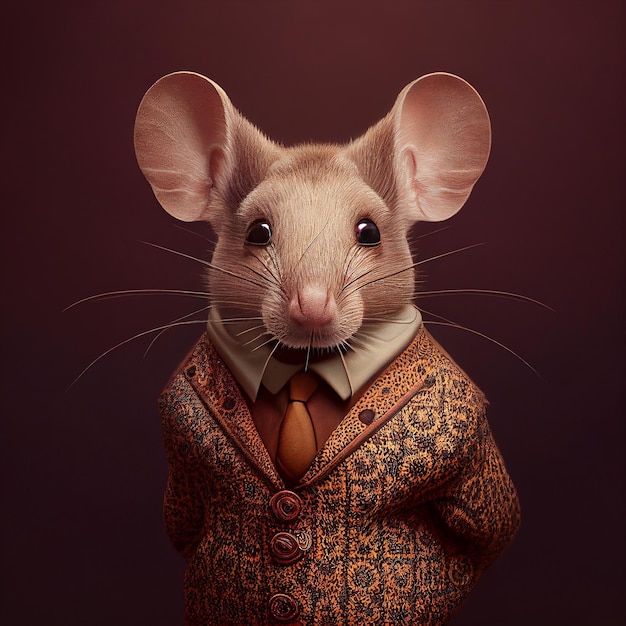 A mouse wearing a suit and tie with the word mouse on it.