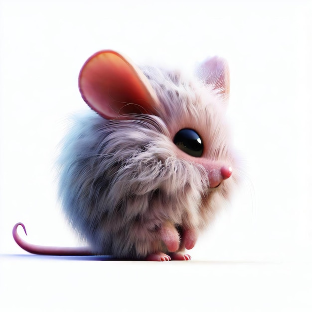 A mouse with a big black eye is standing on a white background.