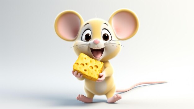 チーズを握る後ろ足の上に立っている大きな耳を持つネズミ 白い背景