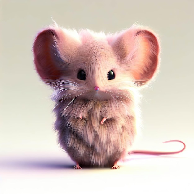 A mouse with a big pink ears stands on a white background.