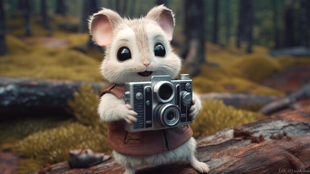 A mouse with a camera in a forest.