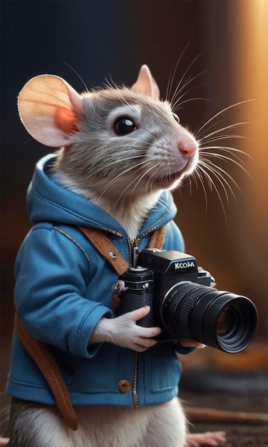 Photo a mouse with a camera in its hands