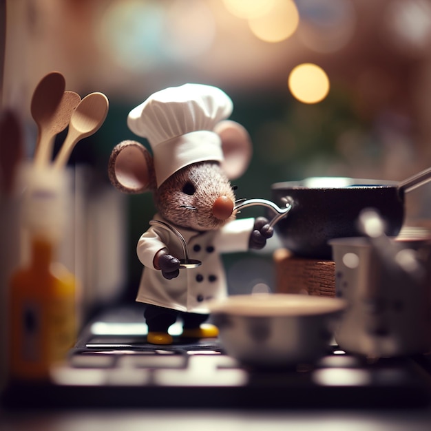 A mouse with a chef hat is cooking in a pan.