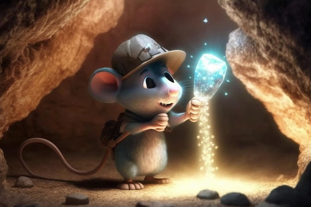 A mouse with a hat and a hat holds a blue lantern that says'the mouse '
