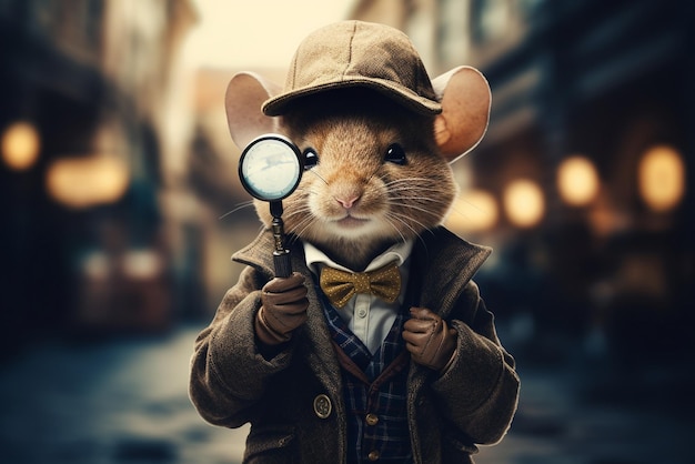 Photo a mouse with a magnifying glass dressed as a detective
