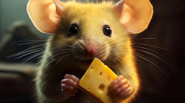 Photo a mouse with a piece of cheese in its hand