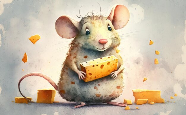 A mouse with a piece of cheese. watercolor illustrations for kids cartoon style ai generated