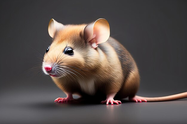 A mouse with a pink tongue sits on a gray background