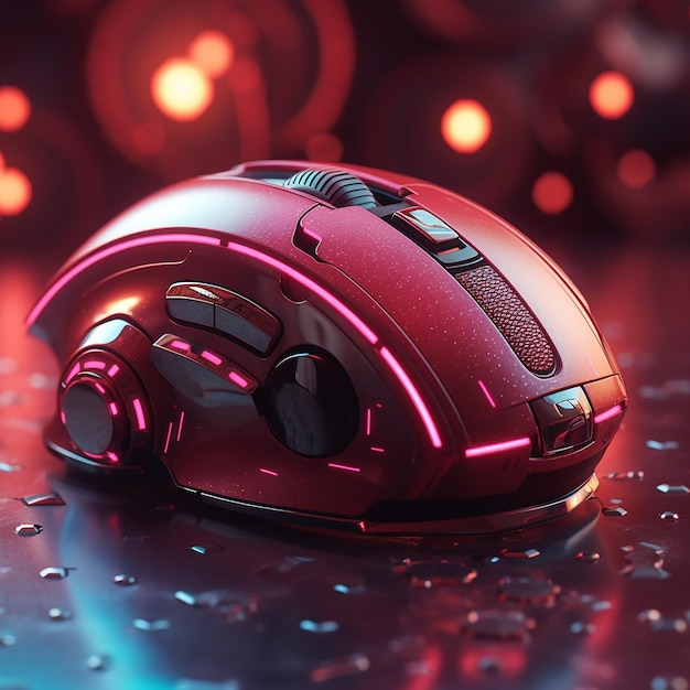 a mouse with a purple cover and a red light on the bottom.