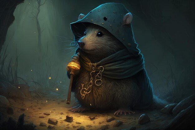 a mouse with a sword and a light on his head