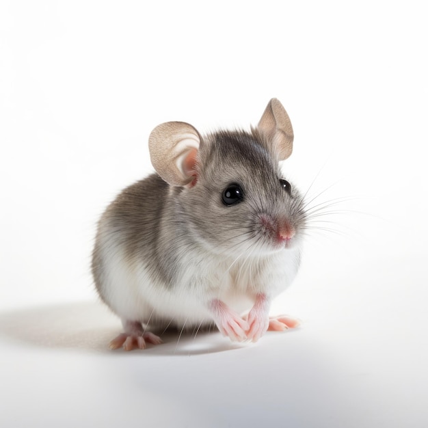 A mouse with a white face and a black nose sits on a white surface.