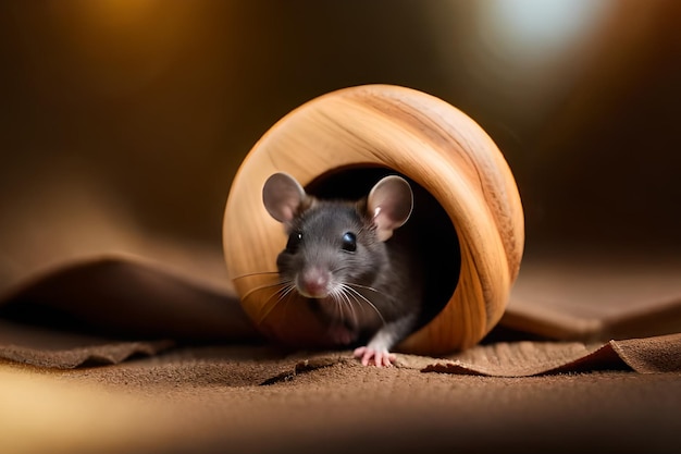 A mouse in a wooden barrel