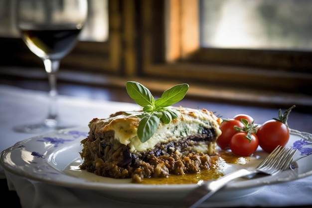 Moussaka, een populair gerecht in Griekenland, gemaakt met plakjes aubergine, gemalen lamsvlees of vleestomaat, ui en bechamelsaus