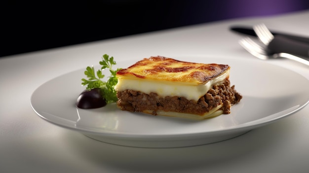 Moussaka in een wit bord op een tafel in een restaurant