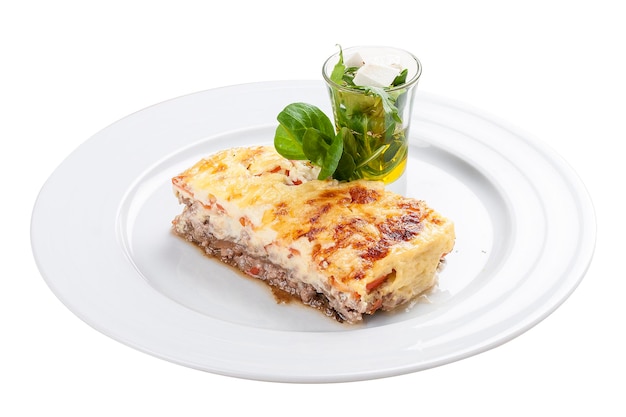 Moussaka A traditional Greek dish On a white background