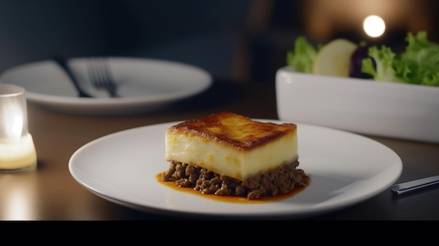 Moussaka in a white plate on a table in a restaurant