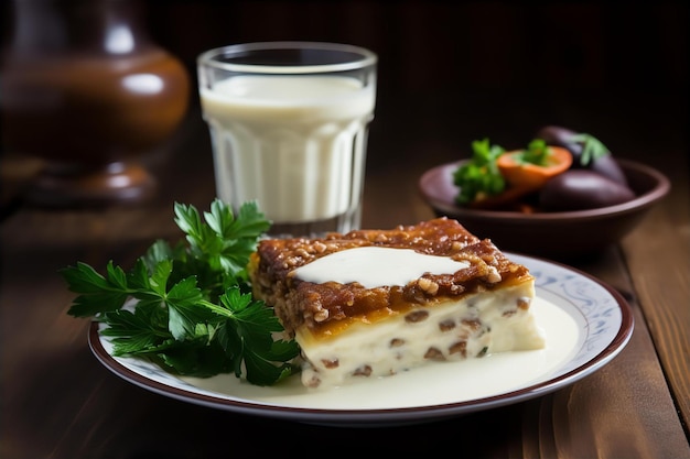 Photo moussaka with milk for breakfast on the wooden table with dining room background