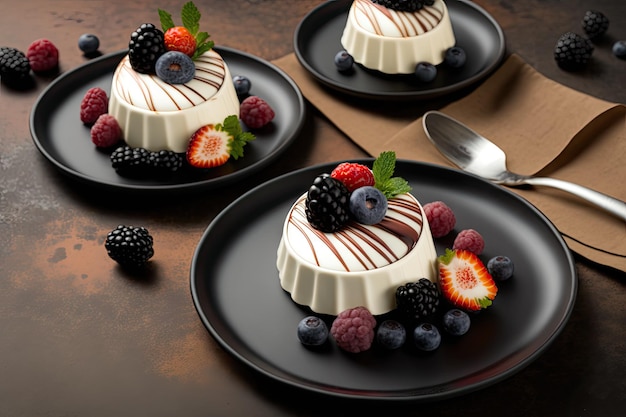 Mousse cakes with cream and berries on plate created with generative ai