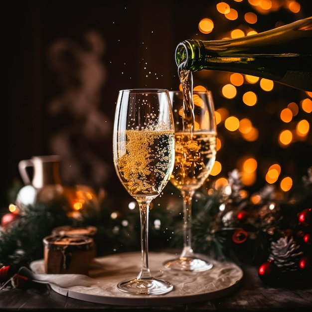 Mousserende wijn proseco of champagne voor een open haard op een vakantieavondfeest Vrolijk kerstfeest, gelukkig nieuwjaar en een gelukkig vakantie-idee