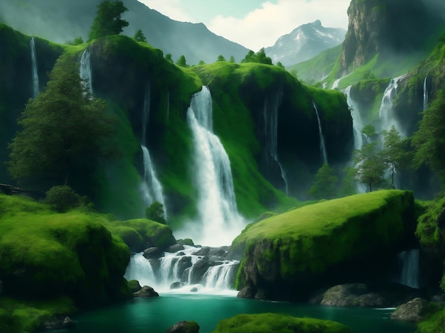 Moutain with waterfall green nature Generative AI Illustration