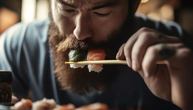 チョップスティックで日本料理の寿司ロールを食べている人の口東洋語で満足の順番