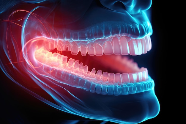 약이 필요한 상처 입은 신체의 3D 모델과 같은 입 치아 통증 그림 생성 Ai