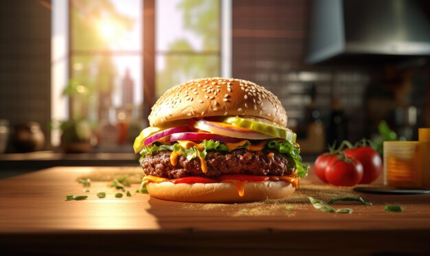 Mouth watering hamburger with fresh ingredients Delicious burger with beef patty cheese and veggies on a wooden backdrop AI Generative