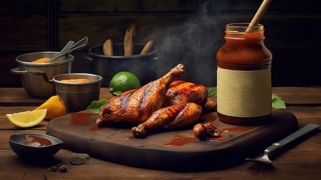 Photo mouth watering a juicy hot chicken with red sauce jar and fresh lemon on wooden background non veg food photography generative ai