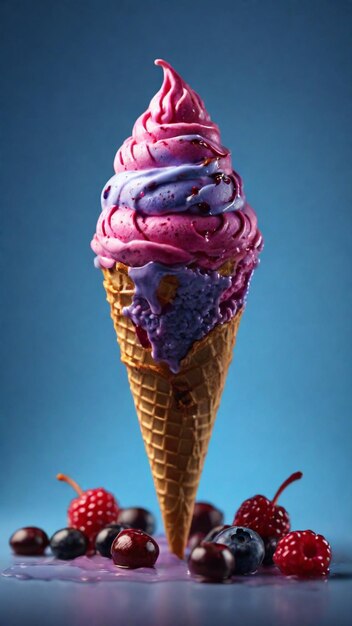 Mouthwatering 4K image of a Blueberry flavored ice cream cone