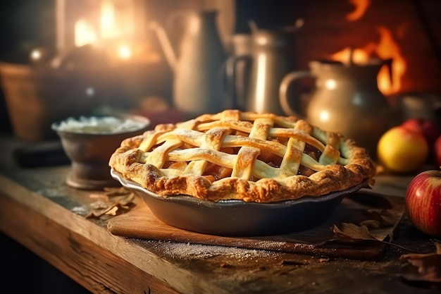 A mouthwatering apple pie on a rustic wooden table