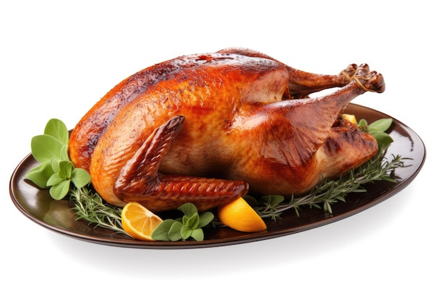 A mouthwatering baked turkey for Thanksgiving on white background