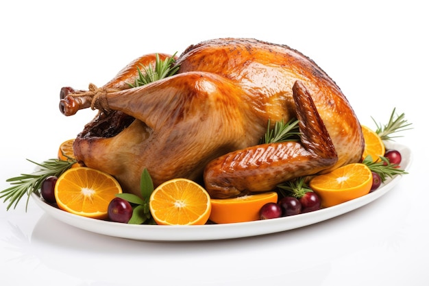 A mouthwatering baked turkey for Thanksgiving on white background