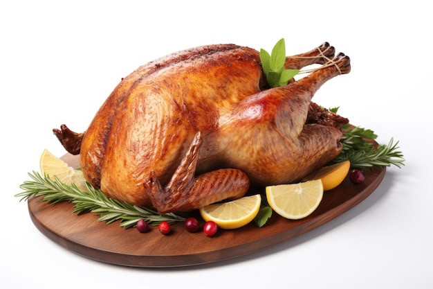 A mouthwatering baked turkey for Thanksgiving on white background