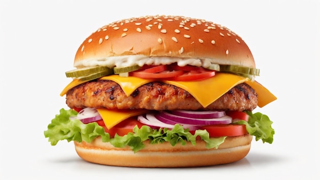 A mouthwatering beef burger featuring a golden brown bun tender chicken