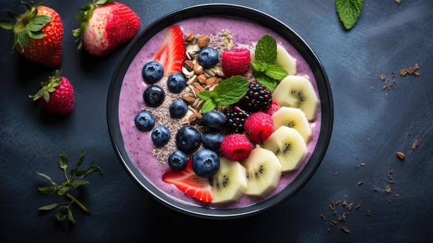 Mouthwatering Berry Smoothie Bowl Surrounded by Fresh Ingredients